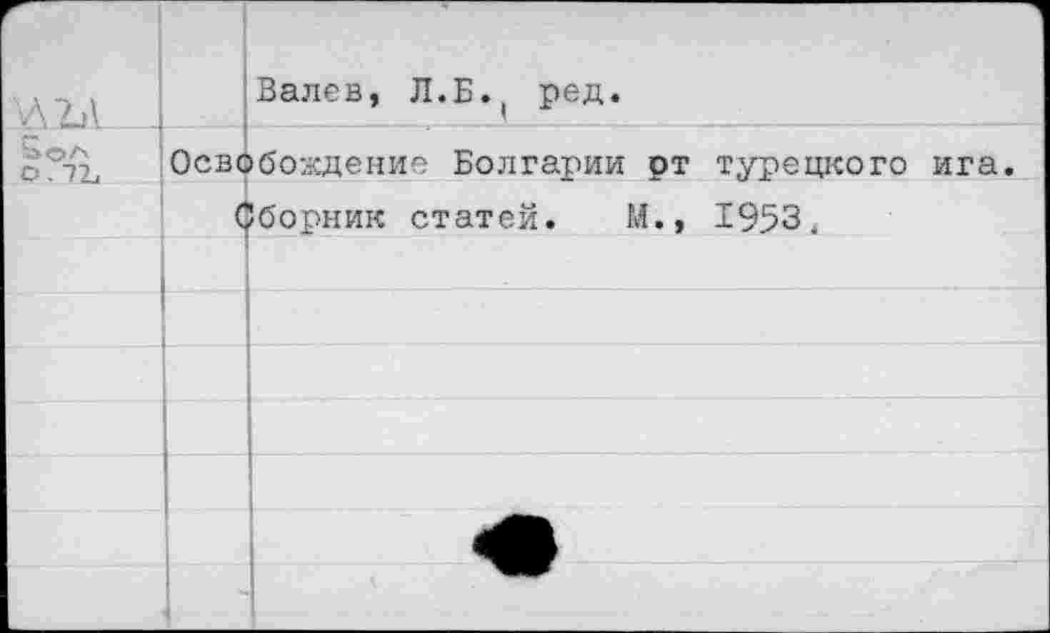 ﻿&2Л _		Валев, Л.Б.( ред.
О Л,	Освобождение Болгарии от турецкого ига.	
	<	— , "борник статей. М., 1953
		
		